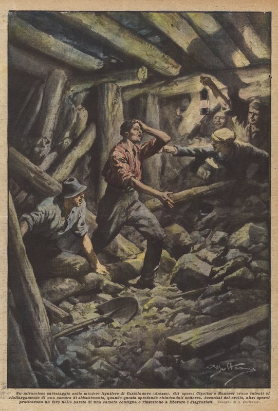 Een wonderbaarlijke redding in de bruinkoolmijnen van Castelnuovo (Arezzo) door Achille Beltrame