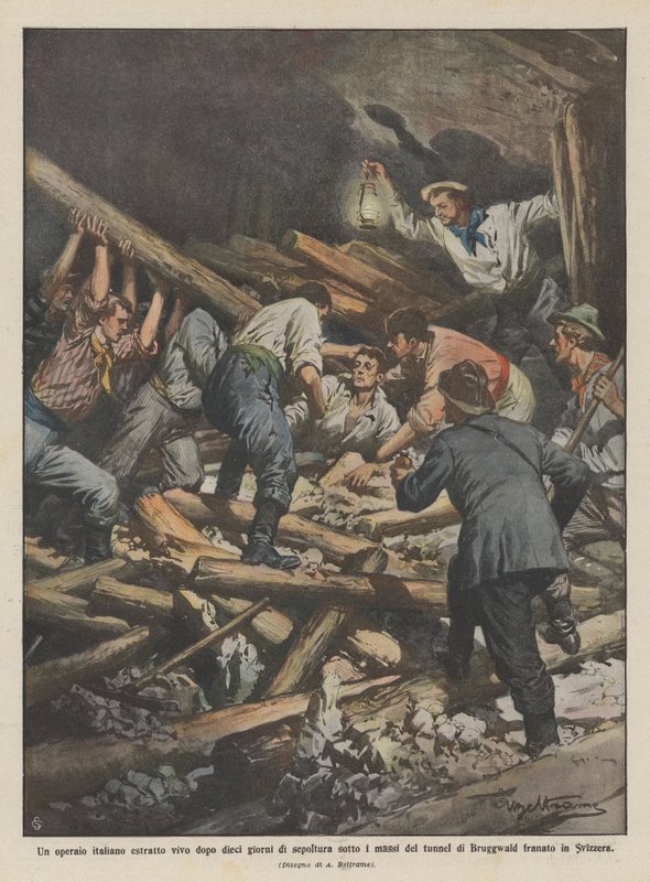 Een Italiaanse arbeider levend geborgen na tien dagen begraven onder de rotsen van de tunnel door Achille Beltrame