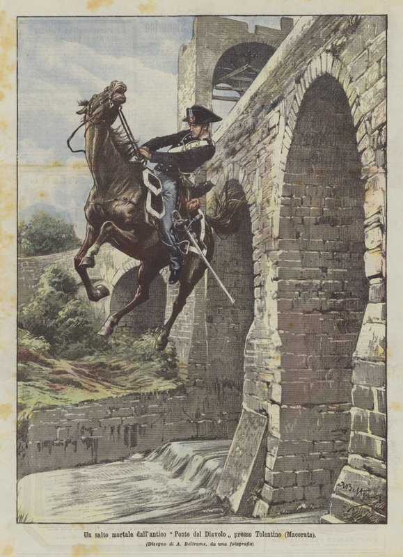 Een dodelijke sprong van de oude Duivelsbrug bij Tolentino (Macerata) door Achille Beltrame