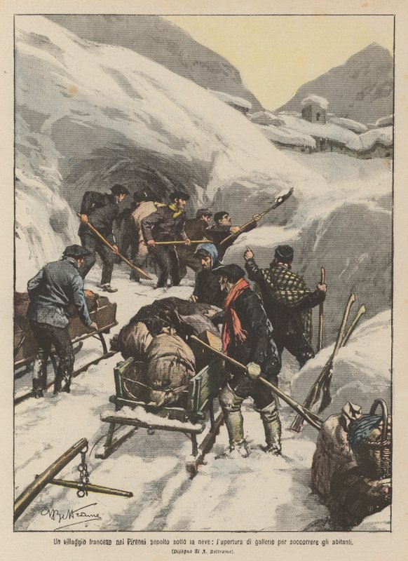 Een Frans dorp in de Pyreneeën bedolven onder de sneeuw, het graven van tunnels om de bewoners te helpen door Achille Beltrame