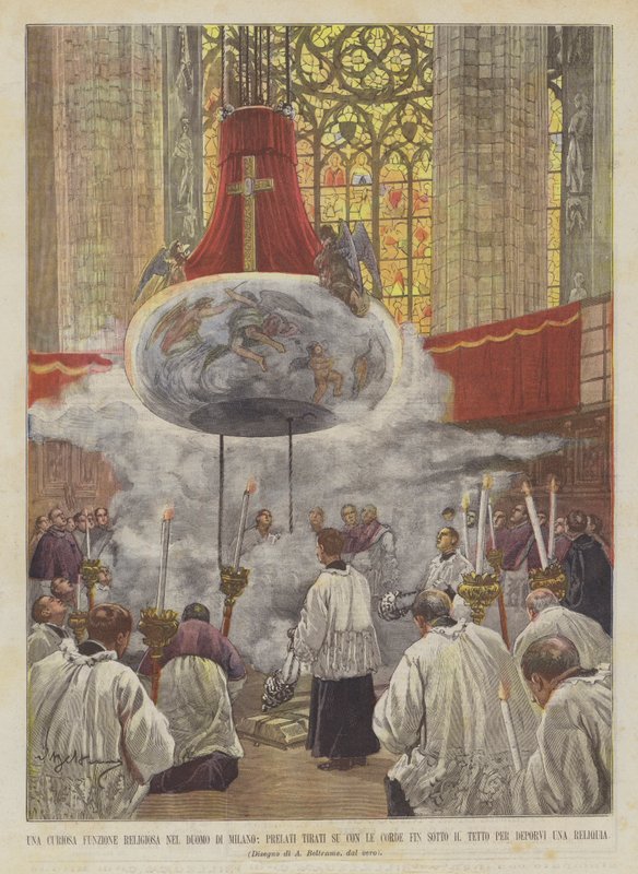 Een curieuze religieuze functie in de kathedraal van Milaan, prelaten omhoog getrokken met touwen door Achille Beltrame