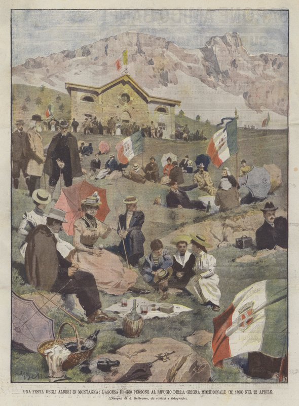 Een Boomfeest in de Bergen, De Beklimming van 1500 Mensen naar de Grigna Meridionale Schuilplaats door Achille Beltrame