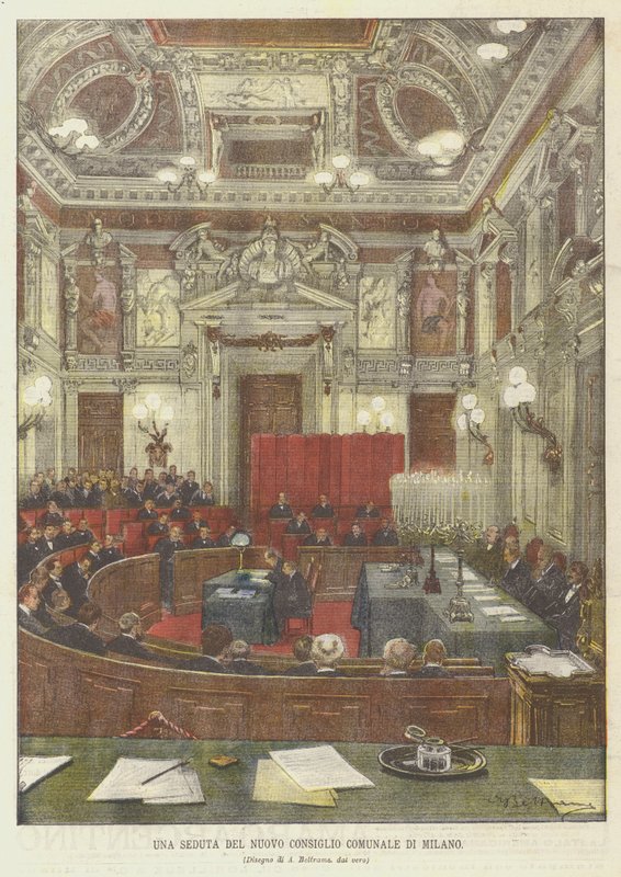 Een zitting van de nieuwe gemeenteraad van Milaan door Achille Beltrame
