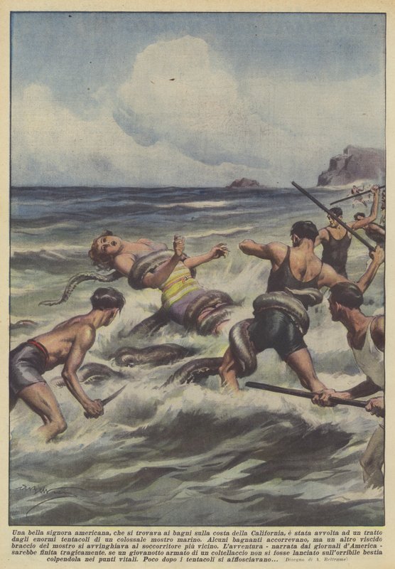 Een mooie Amerikaanse dame, die zich aan het baden was aan de kust van Californië, werd omhuld door Achille Beltrame