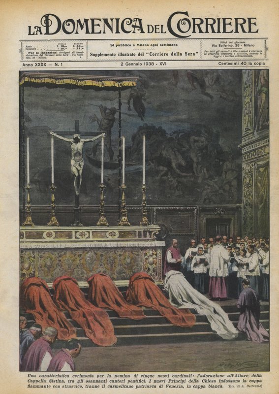 Een karakteristieke ceremonie voor de benoeming van vijf nieuwe kardinalen, de aanbidding aan het altaar door Achille Beltrame