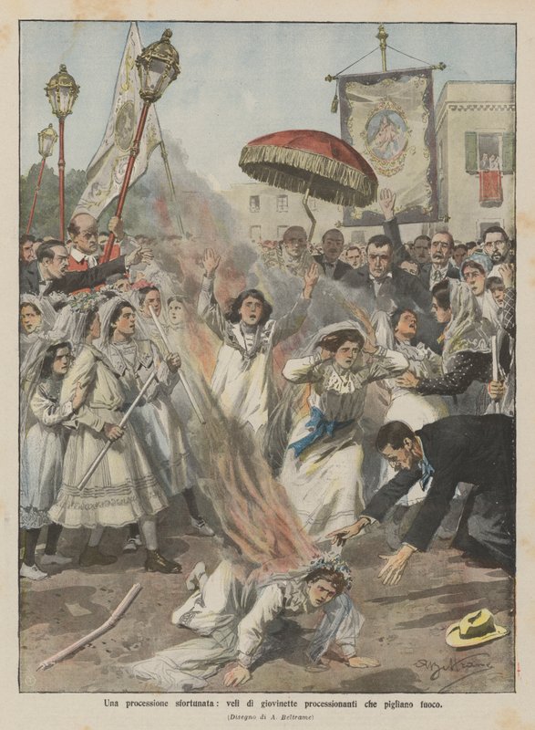 Een ongelukkige processie, brandende sluiers van jonge meisjes in processie door Achille Beltrame