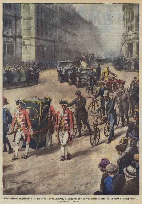 Een originele parade tijdens de feesten van de Lord Mayor in Londen, de stoet van de geschiedenis van transportmiddelen door Achille Beltrame