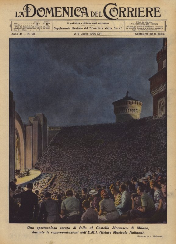 Een spectaculaire avond van menigte in het Castello Sforzesco van Milaan, tijdens de voorstellingen door Achille Beltrame