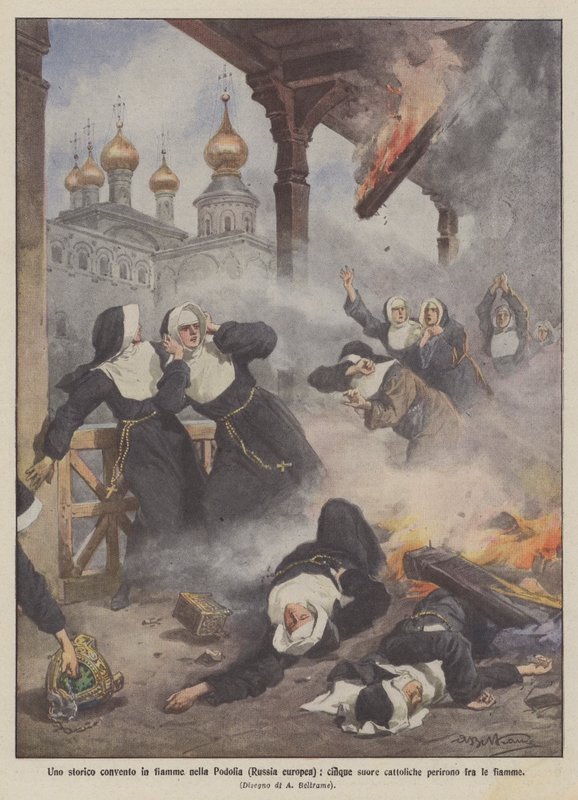 Een historisch klooster in brand in Podolië (Europees Rusland), vijf katholieke nonnen kwamen om in de vlammen door Achille Beltrame