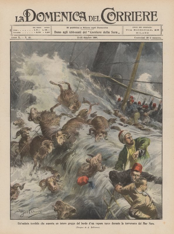 Een verschrikkelijke golf die een hele kudde wegspoelt van de rand van een Turks stoomschip tijdens de oversteek van de Zwarte Zee door Achille Beltrame