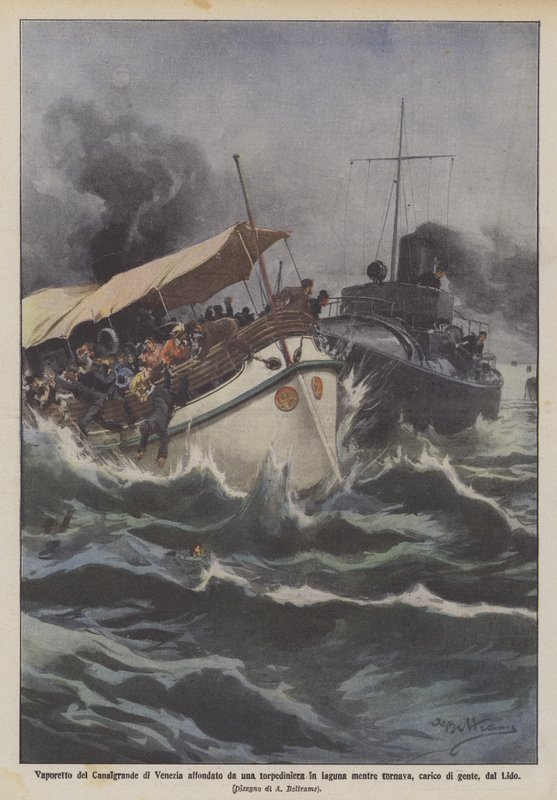 Vaporetto van het Canal Grande in Venetië gezonken door een torpedoboot in de lagune door Achille Beltrame