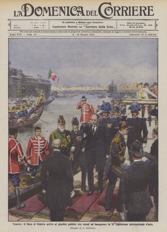 Venetië, de Hertog van Genua arriveert in de openbare tuinen om de XI Expositie te openen door Achille Beltrame
