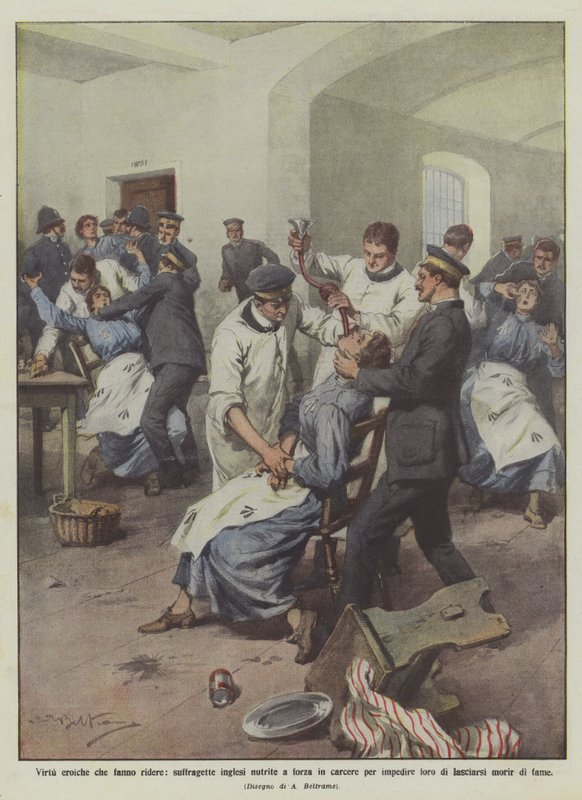 Heroïsche deugden die doen lachen, Engelse suffragettes met dwang gevoed in de gevangenis om hen te verhinderen door Achille Beltrame