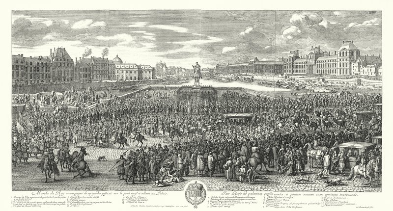 Lodewijk XIV van Frankrijk en zijn garde steken de Pont-Neuf in Parijs over op weg naar het Palais du Louvre door Adam Frans van der Meulen