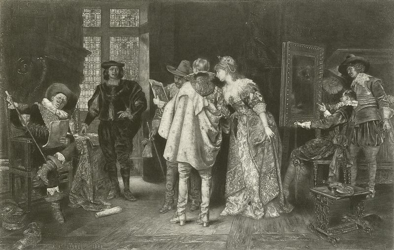 Kenners in Rembrandts studio door Adolphe Alexandre Lesrel