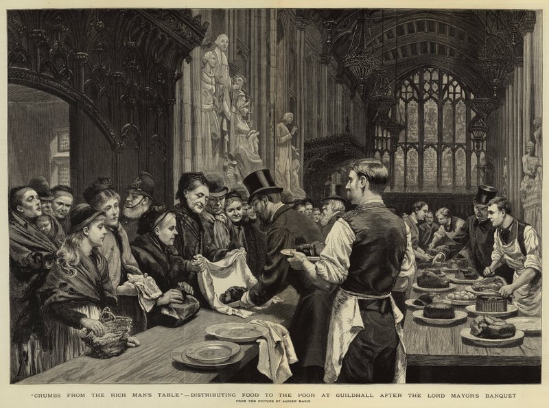 Kruimels van de tafel van de rijke man, voedsel uitdelen aan de armen in Guildhall na het banket van de Lord Mayor door Adrien Emmanuel Marie
