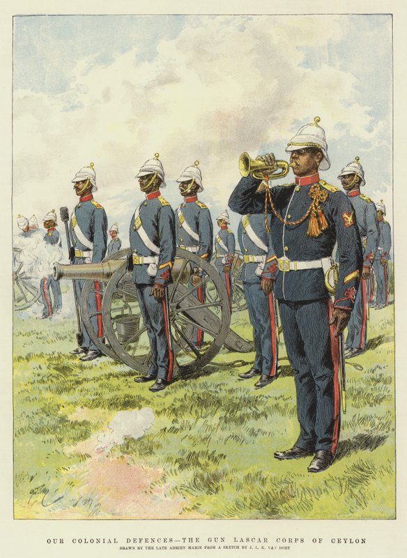 Onze Koloniale Verdediging, het Kanon Lascar Corps van Ceylon (chromolitho) door Adrien Emmanuel Marie