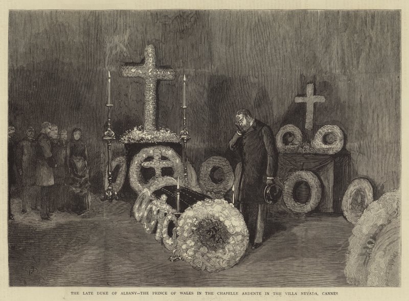 De overleden hertog van Albany, de prins van Wales in de Chapelle Ardente in de Villa Nevada, Cannes door Adrien Emmanuel Marie