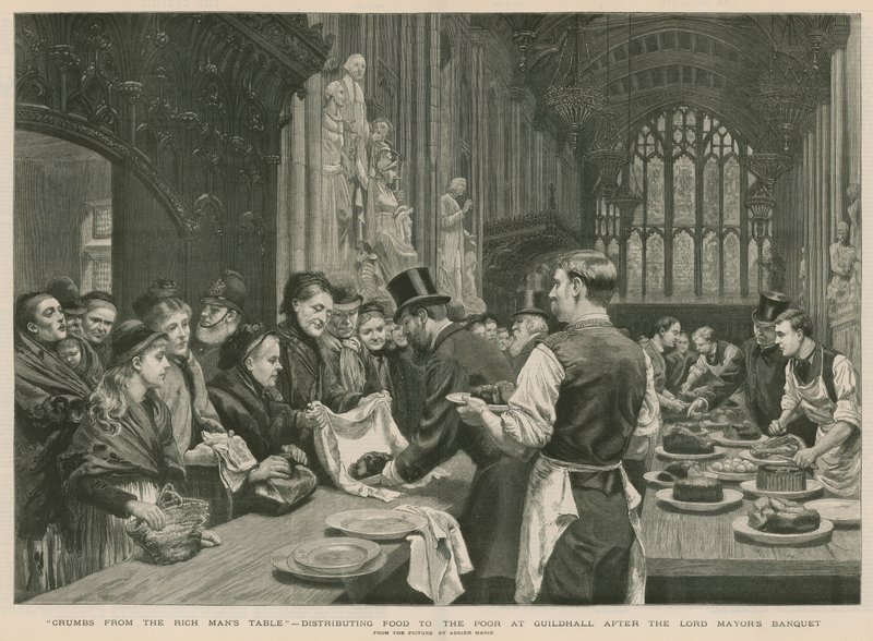 Voedseluitdeling aan de armen in Guildhall na het banket van de Lord Mayor (gravure) door Adrien Emmanuel Marie
