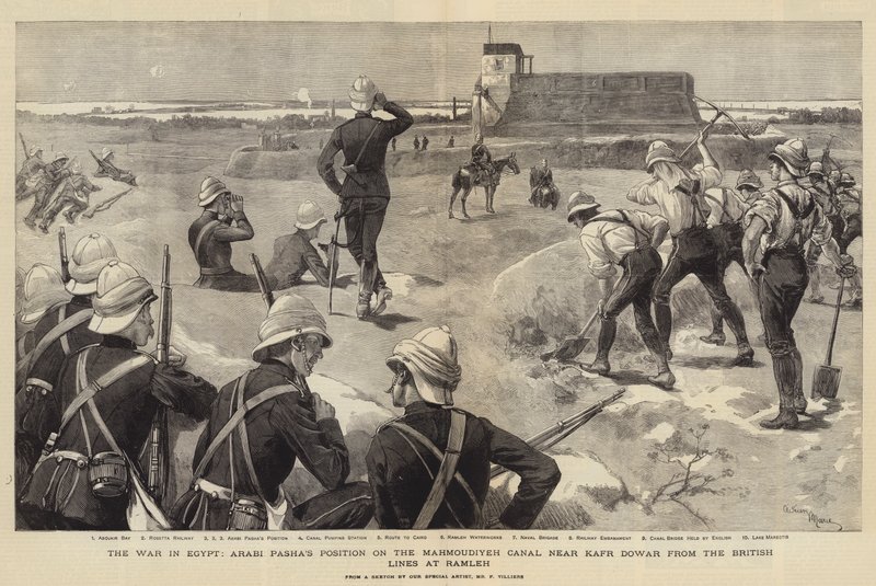 De Oorlog in Egypte, de Positie van Arabi Pasha aan het Mahmoudiyeh Kanaal nabij Kafr Dowar vanuit de Britse Linies bij Ramleh door Adrien Emmanuel Marie