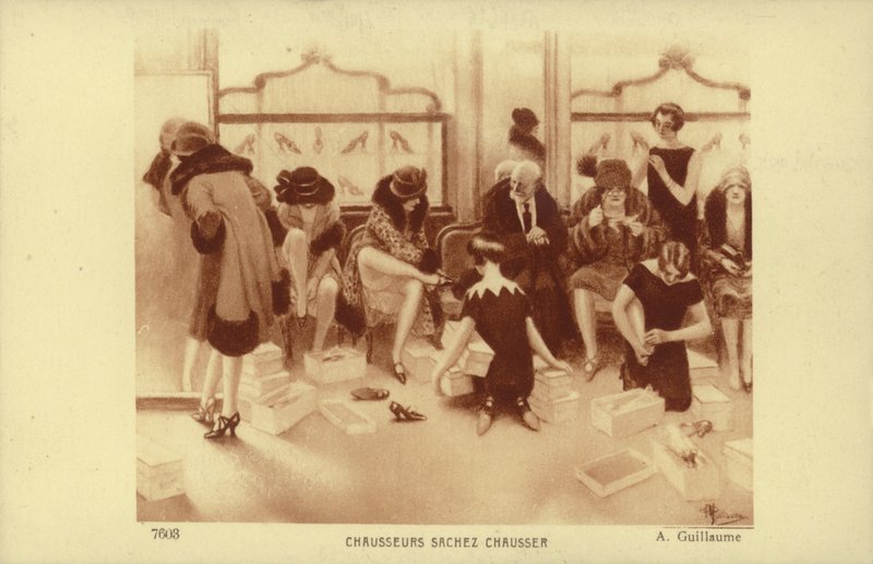 Vrouwen die schoenen passen in een schoenenwinkel door Albert Guillaume