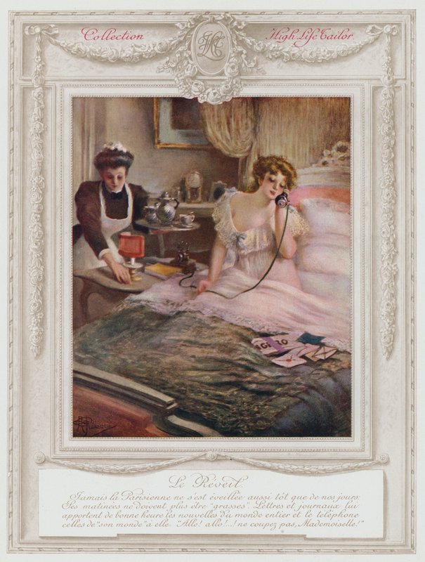 Belle Epoque Parijs, Modieuze dame die wakker wordt (kleur litho) door Albert Guillaume