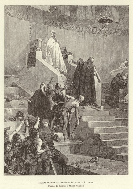 Sciarra Colonna en Guillaume de Nogaret confronteren Paus Bonifatius VIII in Anagni, Italië door Albert Pierre Rene Maignan
