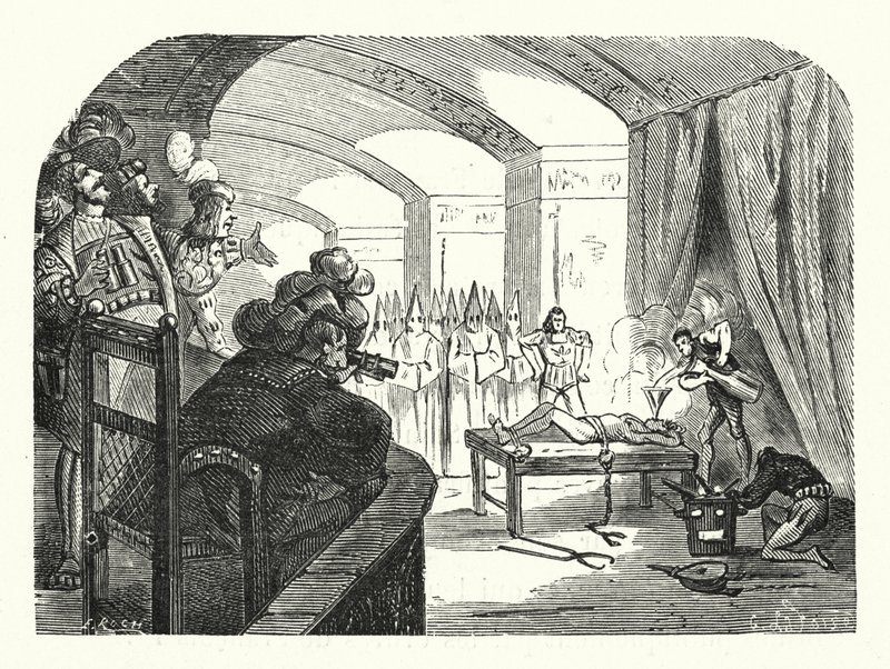 Inquisitie in Frankrijk tijdens het bewind van Frans I (gravure) door Albert Robida
