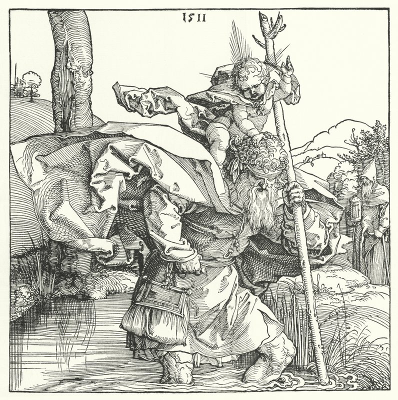 Sint Christoffel die het Christuskind draagt door Albrecht (after) Durer or Duerer