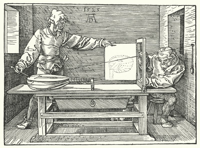 Het gebruik van snaren om een perspectiefbeeld van een luit te construeren door Albrecht (after) Durer or Duerer