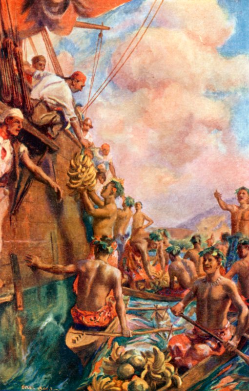 Aankomst van kapitein Cook op Tahiti (kleurenlitho) door Alec Ball