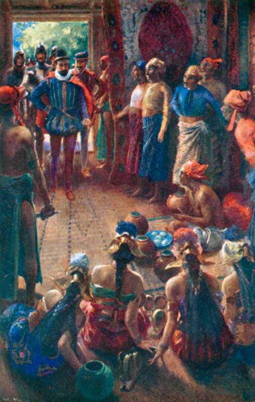 Magellan op bezoek bij de koning van Sebu (kleurenlitho) door Alec Ball