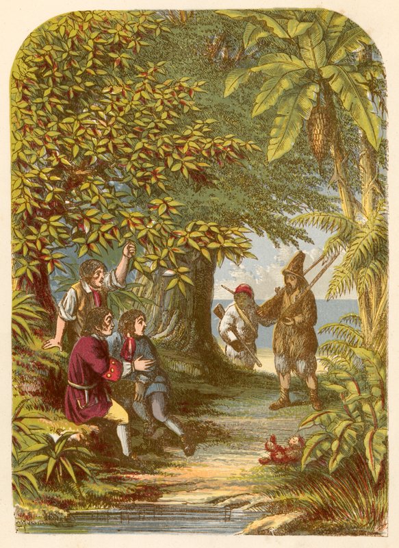 Robinson Crusoe verrast de drie Engelsen door Alexander Francis Lydon