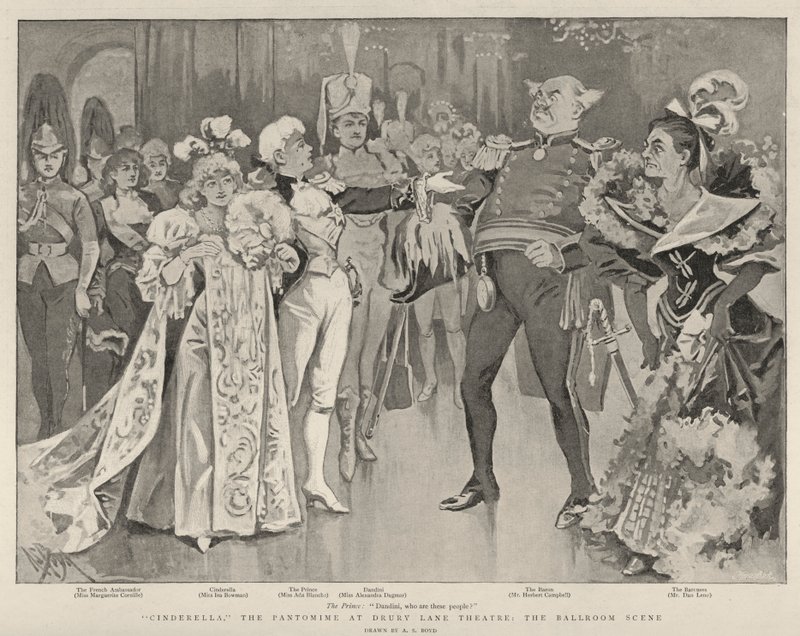 Assepoester, de Pantomime in Drury Lane Theatre, de Balzaal Scene door Alexander Stuart Boyd
