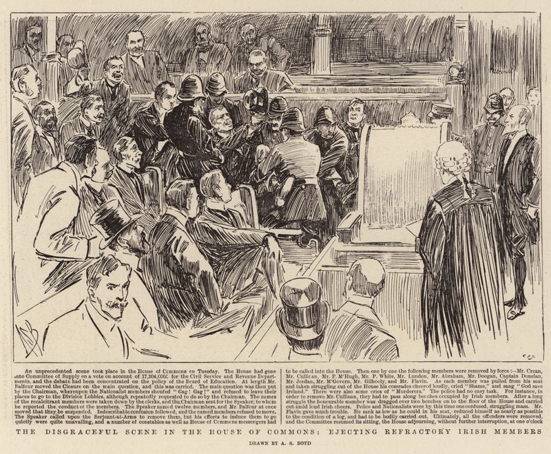 De schandelijke scène in het Lagerhuis, het uitzetten van weerspannige Ierse leden door Alexander Stuart Boyd