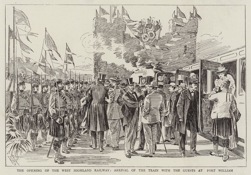 De Opening van de West Highland Railway, Aankomst van de Trein met de Gasten in Fort William door Alexander Stuart Boyd