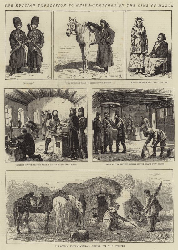 De Russische expeditie naar Khiva, schetsen op de marsroute door Alfred Chantrey Corbould