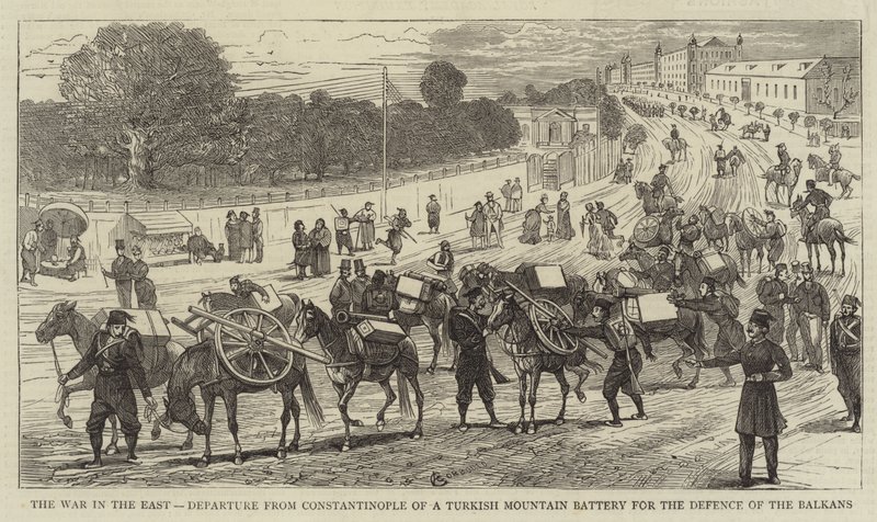 De oorlog in het oosten, vertrek uit Constantinopel van een Turkse bergbatterij voor de verdediging van de Balkan door Alfred Chantrey Corbould