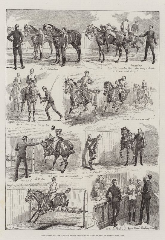 Vrijwilligers van het kunstenaarskorps leren rijden in de Albany-Street Barracks door Alfred Courbould
