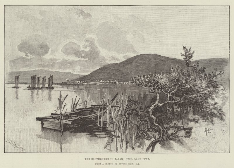 De aardbeving in Japan, Otsu, Lake Biwa door Alfred East