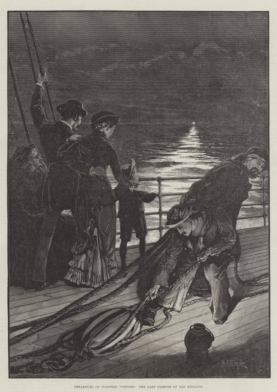 Vertrek van Koloniale Bezoekers, de Laatste Blik op Oud Engeland door Alfred Edward Emslie