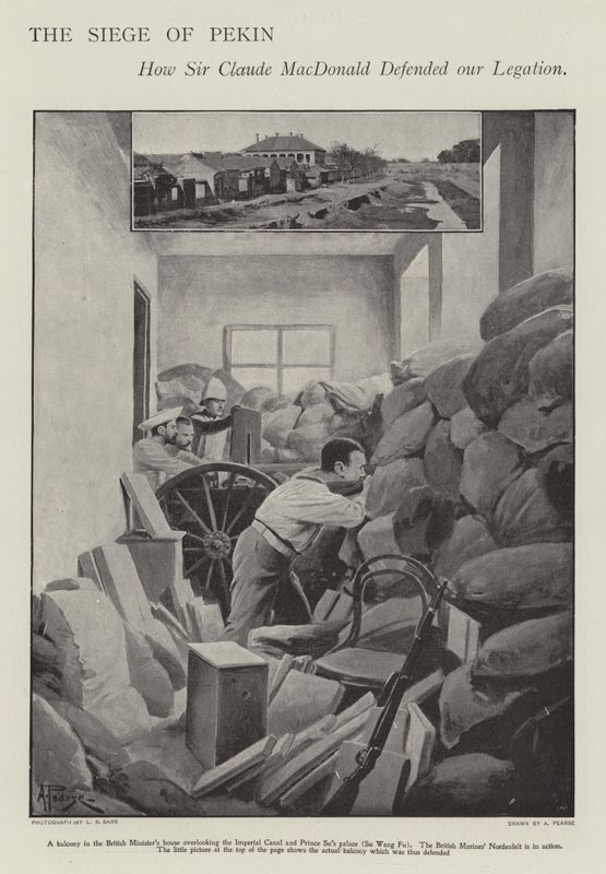 De verdediging van de belegerde Britse Legatie in Peking tijdens de Bokseropstand (litho) door Alfred (after) Pearse