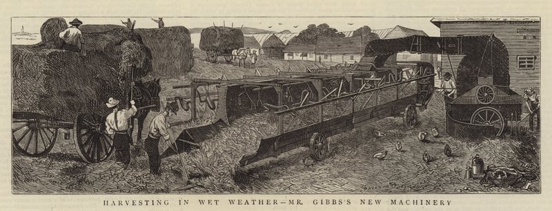 Oogsten in Nat Weer, de Nieuwe Machines van Mr. Gibbs door Alfred Chantrey Corbould