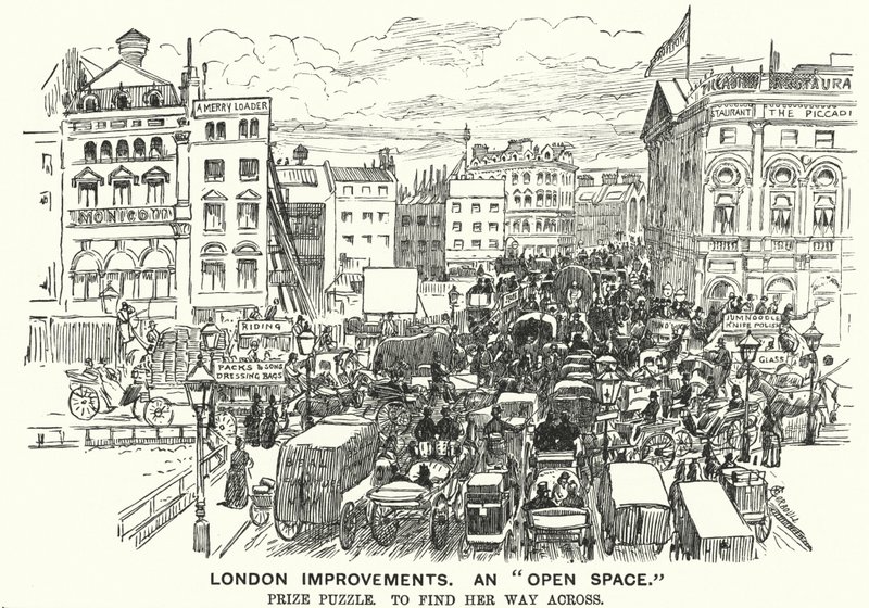 Punch cartoon: Verbeteringen in Londen. Een "open ruimte" - verkeersopstopping in Victoriaans Londen (gravure) door Alfred Chantrey Corbould