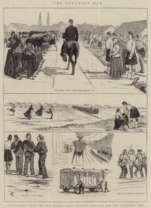 De Ashantee-oorlog, vrijwilligers van de 79e Highlanders verlaten Engeland voor de Ashantee-oorlog door Alfred Chantrey Corbould