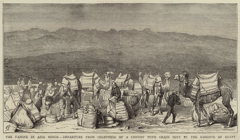 De hongersnood in Klein-Azië, vertrek uit Celephkia van een konvooi met graan gestuurd door de Khedive van Egypte door Alfred Chantrey Corbould