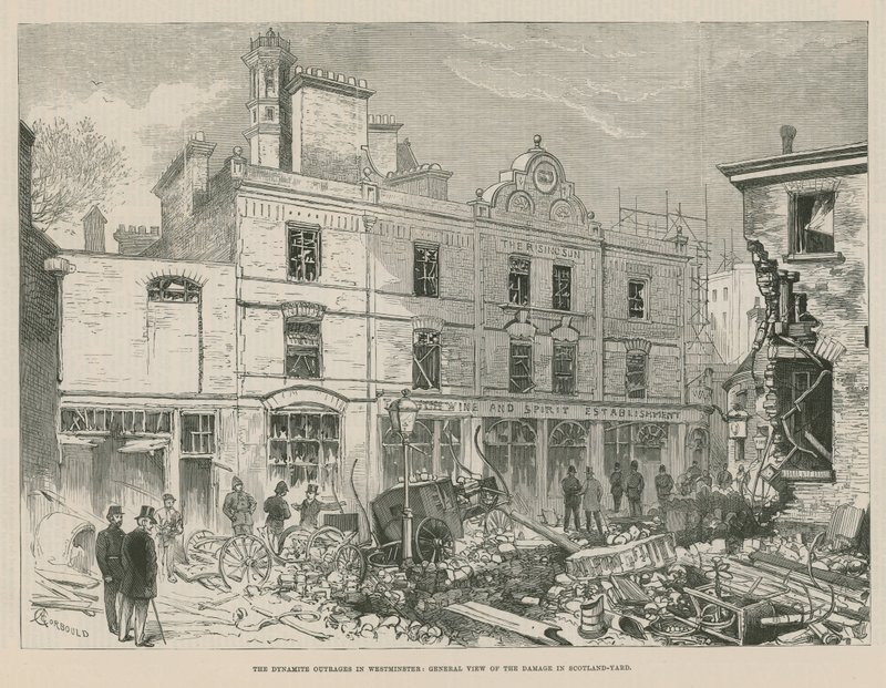 De dynamiet aanslagen in Westminster; Algemeen overzicht van de schade in Scotland Yard door Alfred Chantrey Corbould