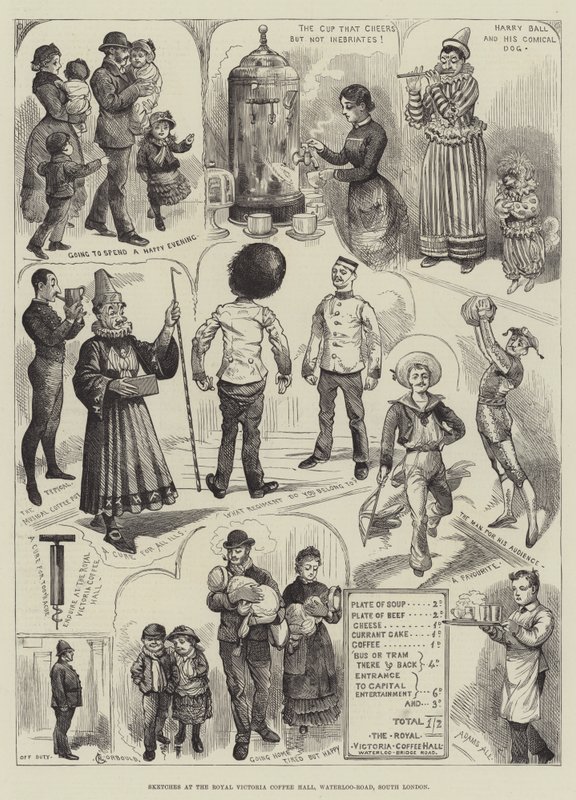 Schetsen in de Royal Victoria Coffee Hall, Waterloo-Road, Zuid-Londen door Alfred Courbould