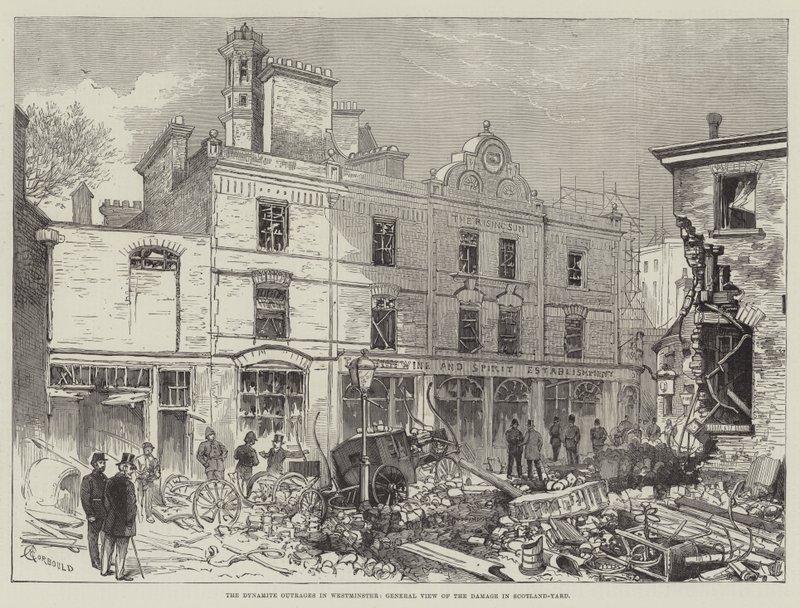 De dynamietaanvallen in Westminster, algemeen overzicht van de schade in Scotland-Yard door Alfred Courbould