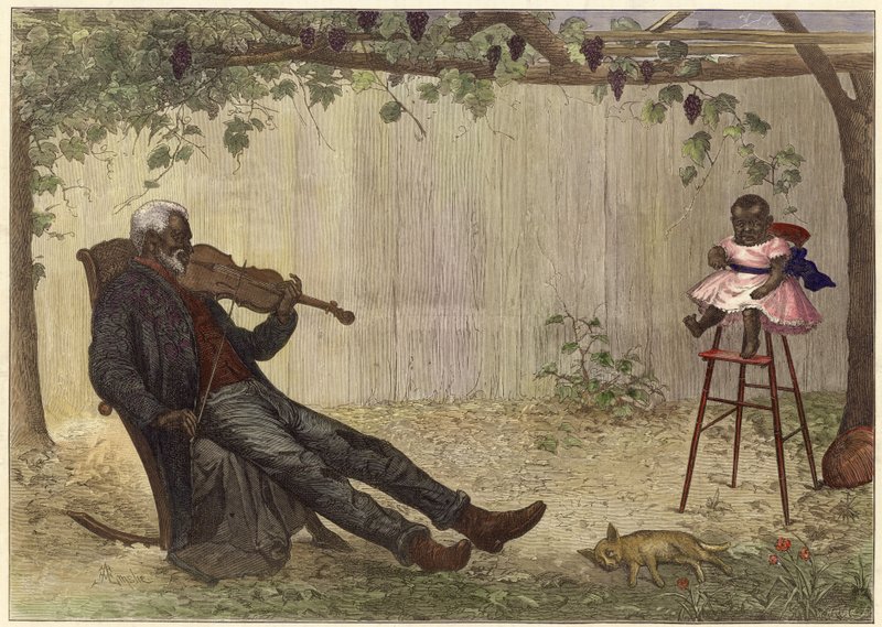 Oude zwarte man speelt viool voor baby (ingekleurde gravure) door Alfred Edward (after) Emslie